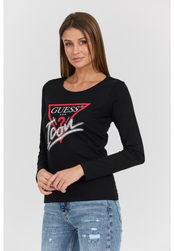Guess - GUESS Czarny damski longsleeve Icon Tee z dużym logo. Kolor: czarny. Materiał: bawełna. Długość rękawa: długi rękaw. Wzór: aplikacja. Styl: klasyczny
