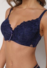 Born2be - Granatowy Koronkowy Biustonosz z Kokardką Nealenia. Kolor: niebieski. Materiał: koronka. Wzór: koronka #2