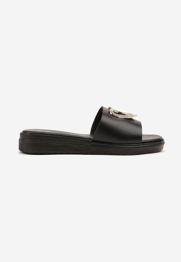 Born2be - Czarne Klapki z Cyrkoniowym Sercem Natellis. Okazja: na co dzień. Kolor: czarny. Materiał: jeans. Wzór: aplikacja. Styl: casual