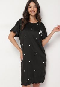 Born2be - Czarna Koszula Nocna z Bawełną w Kropki z Napisem Firasine. Kolor: czarny. Materiał: bawełna. Wzór: napisy, kropki