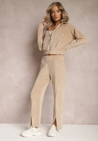 Renee - Beżowy Welurowy Komplet Dresowy z Bluzą i Spodniami Lunamea. Kolor: beżowy. Materiał: dresówka, welur #4