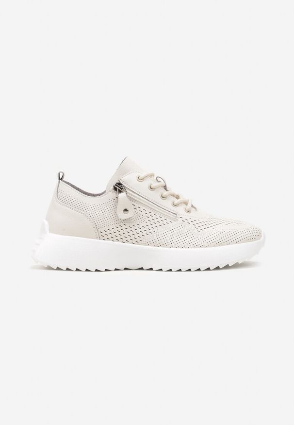 Renee - Beżowe Sneakersy Skórzane Ozdobione Suwakiem Ivelami. Okazja: na co dzień. Kolor: beżowy. Materiał: skóra. Szerokość cholewki: normalna. Wzór: aplikacja. Obcas: na płaskiej podeszwie