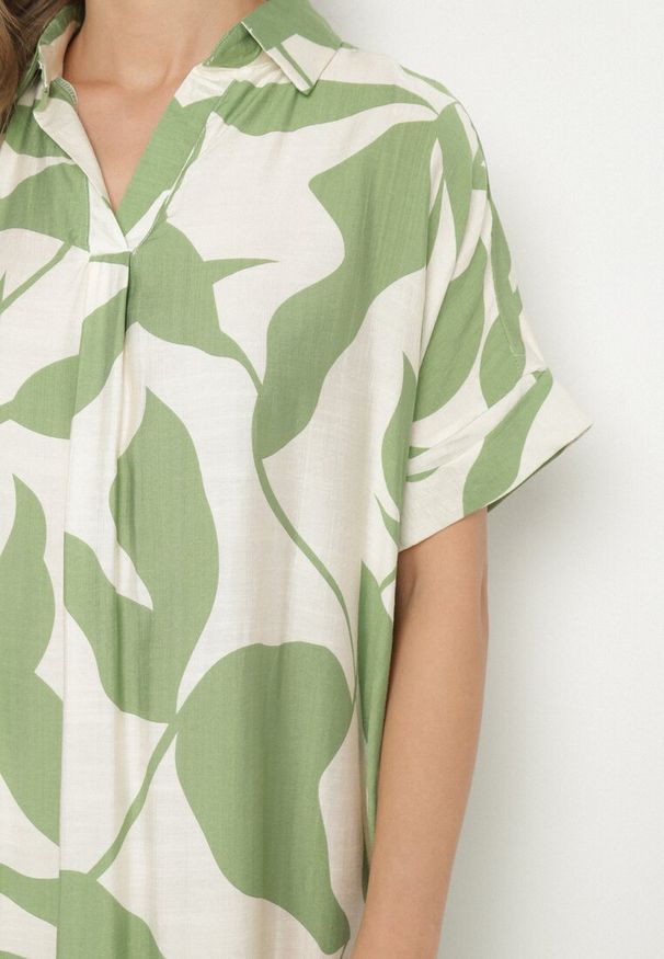 Born2be - Jasnozielona Sukienka Rozkloszowana z Bawełną w Abstrakcyjny Print Telanisa. Okazja: na co dzień. Kolor: zielony. Materiał: bawełna. Wzór: nadruk. Typ sukienki: rozkloszowane. Styl: casual, elegancki