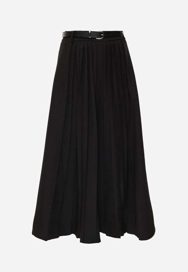 Born2be - Czarna Wiskozowa Spódnica o Rozkloszowanym Kroju z Paskiem z Klamrą Lawedisa. Okazja: na co dzień, na spotkanie biznesowe, do pracy. Kolor: czarny. Materiał: wiskoza. Styl: casual, biznesowy, elegancki, klasyczny