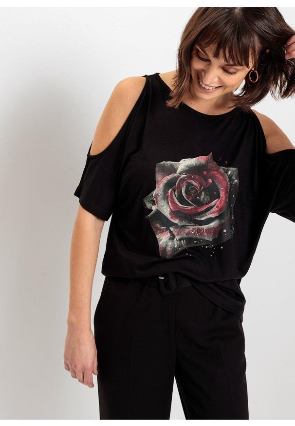 bonprix - Bluzka z wiskozy z odkrytymi ramionami. Kolor: czarny. Materiał: wiskoza. Wzór: nadruk, kwiaty. Styl: elegancki