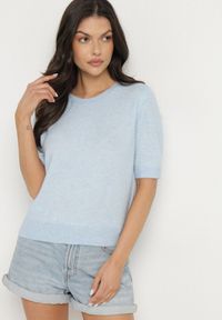 Born2be - Niebieski Sweter z Wełną i Krótkim Rękawem Turosa. Okazja: na co dzień. Kolor: niebieski. Materiał: wełna. Długość rękawa: krótki rękaw. Długość: krótkie. Styl: klasyczny, elegancki, casual