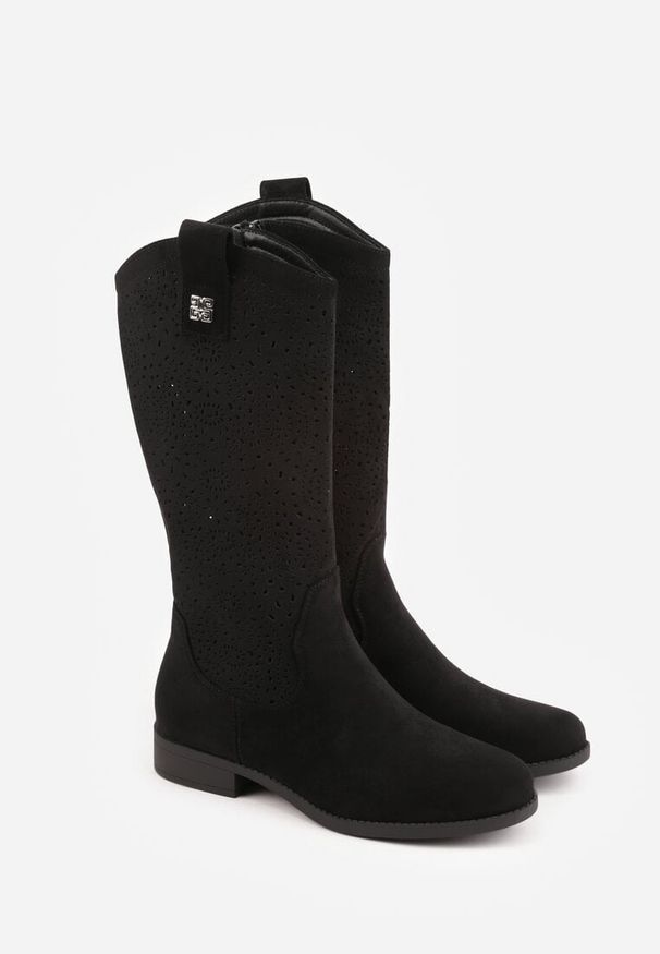 Renee - Czarne Ażurowe Botki z Geometryczną Ozdobą Naeraste. Okazja: na co dzień. Kolor: czarny. Materiał: jeans. Wzór: geometria, ażurowy, aplikacja. Styl: casual