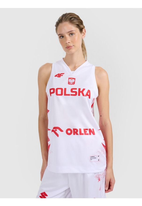 4f - 4F Koszulka reprezentacyjna z możliwością personalizacji damska 4F x PZKOSZ - biała XXL. Typ kołnierza: dekolt w serek. Kolor: biały. Materiał: włókno, syntetyk, materiał. Wzór: napisy, nadruk. Styl: klasyczny, sportowy