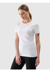 4f - 4F T-shirt slim gładki damski - biały S. Okazja: na co dzień. Kolor: biały. Materiał: dzianina, bawełna, jersey, materiał, elastan. Długość rękawa: krótki rękaw. Długość: krótkie. Wzór: gładki. Sezon: lato. Styl: klasyczny, sportowy, casual