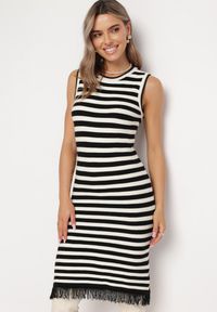 Born2be - Jasnobeżowy 2-Częściowy Komplet Midi Sukienka w Paski z Frędzlami i Krótki Kardigan z Cyrkoniami Emoncja. Kolor: beżowy. Wzór: paski #4