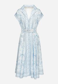 Born2be - Niebieska Rozkloszowana Sukienka Koszulowa z Lnu i Wiskozy z Paskiem Alumera. Typ kołnierza: kołnierzyk klasyczny, dekolt w serek. Kolor: niebieski. Materiał: len, wiskoza. Typ sukienki: koszulowe. Styl: klasyczny #6