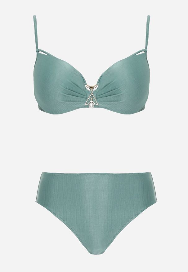 Born2be - Jasnozielone Bikini Majtki Figi i Biustonosz z Paskami i Perłową Aplikacją Cahresha. Kolor: zielony. Wzór: aplikacja
