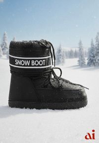 Renee - Czarne Śniegowce z Nadrukiem i Ozdobnym Wiązaniem Zulla. Kolor: czarny. Materiał: puch. Wzór: nadruk. Sezon: zima #1