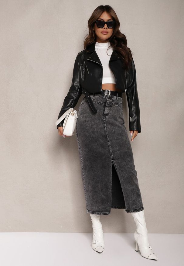 Renee - Czarno-Szara Bawełniana Spódnica Jeansowa Ołówkowa z Paskiem i Rozcięciem na Przodzie Ivario. Okazja: na co dzień. Kolor: czarny. Materiał: bawełna, jeans. Styl: casual