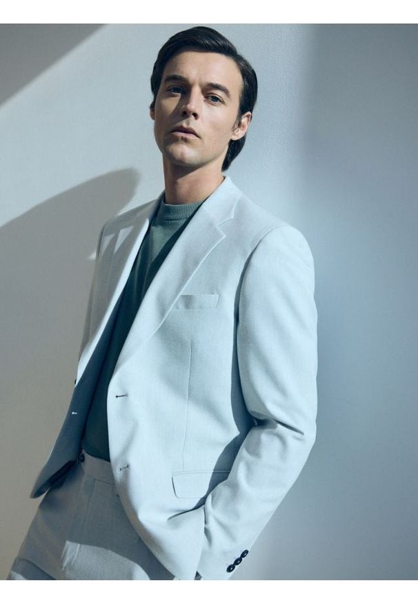 Reserved - Marynarka slim fit z domieszką lnu - jasnoszary. Kolor: szary. Materiał: len