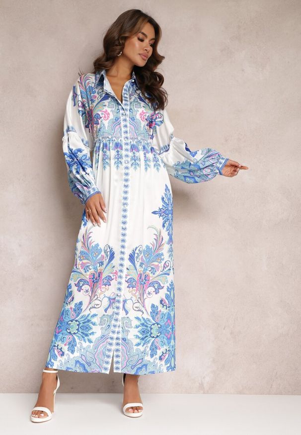 Renee - Biało-Niebieska Koszulowa Sukienka Maxi Oversize w Kwiatowy Wzór Amirsa. Kolor: biały. Wzór: kwiaty. Typ sukienki: oversize, koszulowe. Długość: maxi