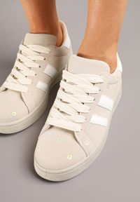 Born2be - Beżowe Sneakersy z Ozdobnymi Paskami i Haftowanymi Kwiatami Malunea. Okazja: na co dzień. Zapięcie: pasek. Kolor: beżowy. Materiał: jeans. Wzór: kwiaty, haft. Obcas: na obcasie. Wysokość obcasa: niski #4