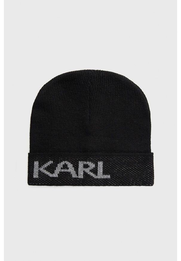 Karl Lagerfeld Czapka 512322.805601 kolor czarny z cienkiej dzianiny z domieszką wełny. Kolor: czarny. Materiał: wełna, dzianina