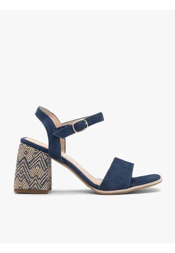 Ryłko - Granatowe sandały na dekoracyjnie obleczonym obcasie. Kolor: niebieski. Materiał: skóra, welur. Obcas: na obcasie. Styl: street. Wysokość obcasa: średni