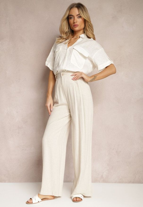 Renee - Beżowe Szerokie Spodnie High Waist z Lnu i Wiskozy Apoises. Okazja: na co dzień. Stan: podwyższony. Kolor: beżowy. Materiał: len, wiskoza. Długość: długie. Sezon: lato. Styl: casual, elegancki