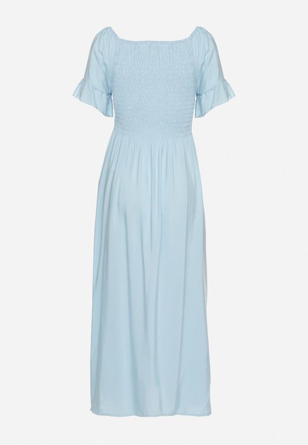 Born2be - Jasnoniebieska Bawełniana Sukienka o Kroju Hiszpanki z Elastyczną Górą Niloviria. Okazja: na co dzień. Typ kołnierza: dekolt hiszpanka. Kolor: niebieski. Materiał: bawełna. Długość rękawa: krótki rękaw. Styl: casual, klasyczny