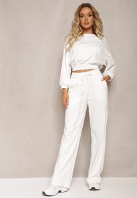 Renee - Biały Bawełniany Komplet Bluza Krótka ze Ściągaczem i Szerokie Spodnie ze Sznurkiem w Pasie Rionnea. Kolor: biały. Materiał: bawełna