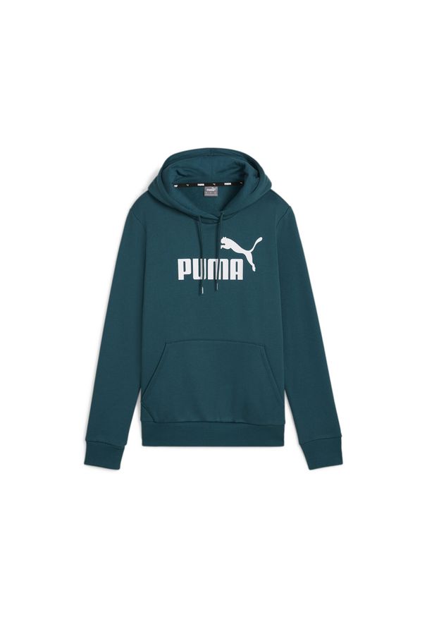 Puma - Damska bluza z kapturem i logo Essentials FL PUMA Cold Green. Typ kołnierza: kaptur. Kolor: zielony