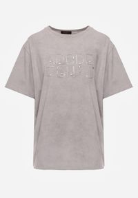 Renee - Szary Bawełniany T-shirt Oversize z Haftowanym Napisem z Cekinami Talomora. Okazja: na imprezę, na co dzień. Kolor: szary. Materiał: bawełna. Wzór: haft, napisy. Styl: rockowy, casual #2