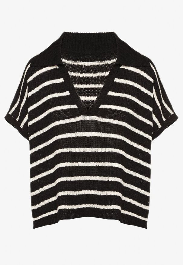 Born2be - Czarno-Biała Dzianinowa Bluzka z Bawełny o Nietoperzowym Kroju z Kołnierzykiem Grinaldia. Okazja: na co dzień. Typ kołnierza: kołnierzyk klasyczny. Kolor: czarny. Materiał: dzianina, bawełna. Długość rękawa: krótki rękaw. Długość: krótkie. Styl: casual, klasyczny