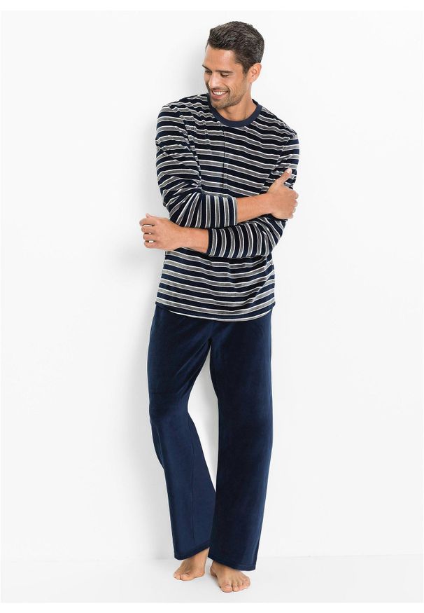bonprix - Piżama z długim rękawem z miękkiego weluru nicki. Kolor: niebieski. Materiał: welur. Długość: długie. Wzór: paski