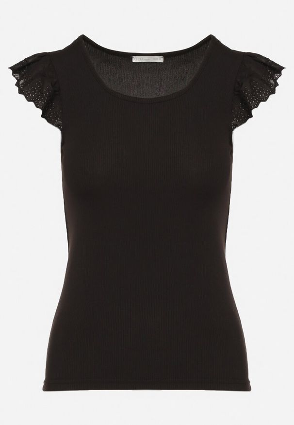 Born2be - Czarny Top z Ażurowymi Falbankami Bez Rękawów Sonnelle. Okazja: na co dzień. Typ kołnierza: kołnierz z falbankami. Kolor: czarny. Materiał: jeans. Długość rękawa: bez rękawów. Wzór: ażurowy. Styl: elegancki, casual, klasyczny