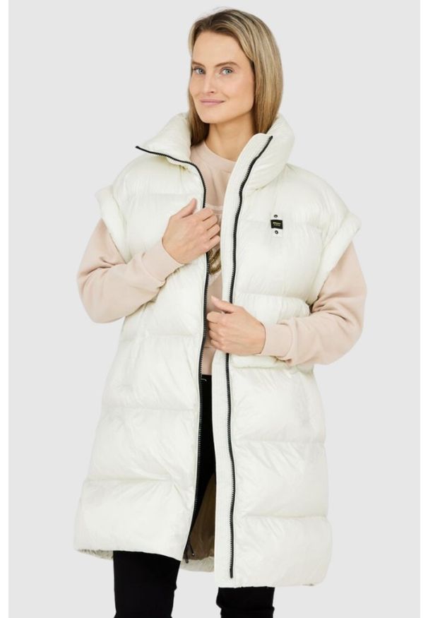 Blauer USA - BLAUER Ecru długi bezrękawnik damski Daisy, Rozmiar S. Kolor: biały. Materiał: poliamid. Długość rękawa: bez rękawów. Długość: długie