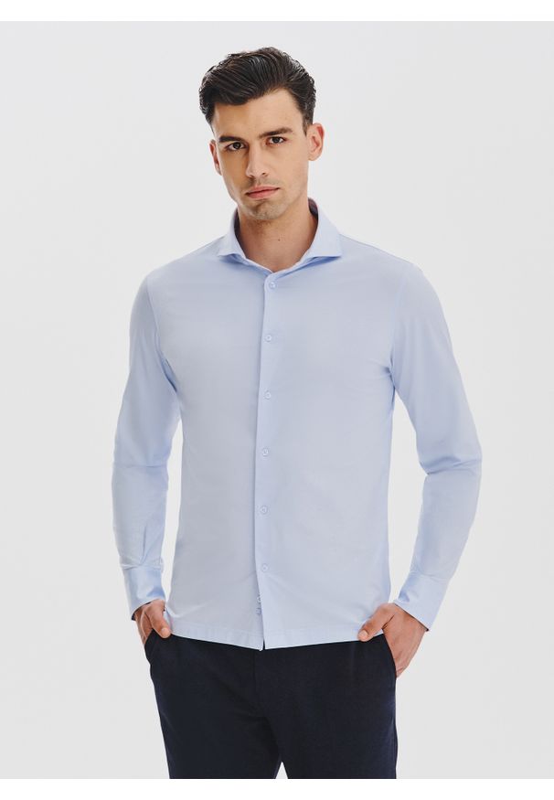 Pako Lorente - PAKO LORENTE – Jasnoniebieska koszula z dzianiny. Okazja: na co dzień. Kolor: niebieski, szary. Materiał: dzianina. Długość rękawa: długi rękaw. Długość: długie. Styl: casual