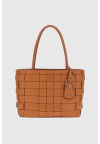 Guess - GUESS Brązowa shopperka damska Maylee. Kolor: brązowy. Materiał: skórzane