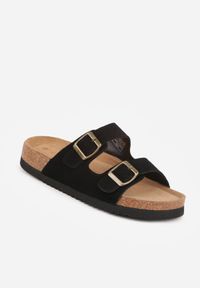 Born2be - Czarne Klasyczne Klapki z Zamszu Naturalnego z Paskami z Klamrami z Regulacją Realie. Okazja: na co dzień. Kolor: czarny. Materiał: zamsz. Wzór: paski. Styl: klasyczny #2