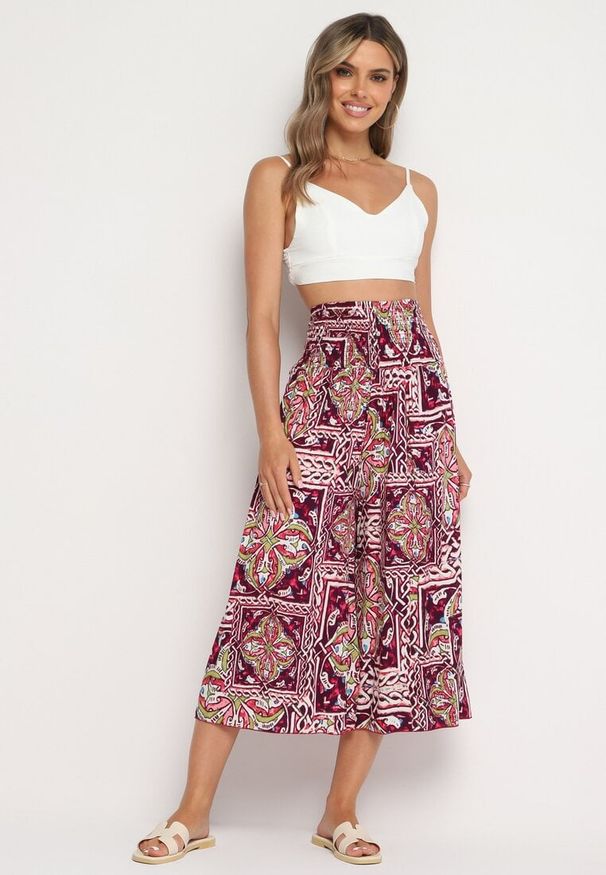 Born2be - Fioletowe Bawełniane Spodnie Culotte z Wysokim Stanem i Gumką w Talii w Boho Stylu Olovia. Stan: podwyższony. Kolor: fioletowy. Materiał: bawełna. Styl: boho