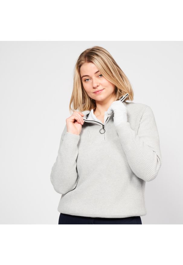 INESIS - Sweter do golfa damski Inesis MW500. Typ kołnierza: golf. Kolor: szary. Materiał: bawełna, materiał. Wzór: ze splotem. Styl: elegancki
