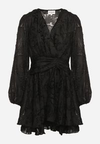 Born2be - Czarna Sukienka z Ozdobnymi Niteczkami i Marszczeniem Forenamia. Okazja: na co dzień. Kolor: czarny. Wzór: aplikacja. Typ sukienki: kopertowe. Styl: casual #6