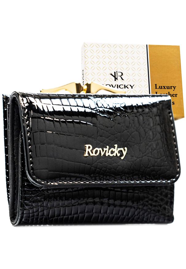 ROVICKY - Mały, czarny portfel damski ze skóry naturalnej z systemem RFID - Rovicky. Kolor: czarny. Materiał: skóra