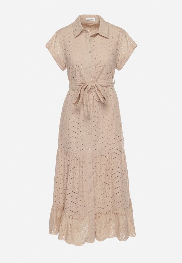 Born2be - Beżowa Sukienka Bawełniana z Ażurowym Wzorem i Wiązanym Paskiem Kelilena. Okazja: na co dzień. Kolor: beżowy. Materiał: bawełna. Długość rękawa: krótki rękaw. Wzór: ażurowy. Typ sukienki: rozkloszowane. Styl: casual, retro, elegancki