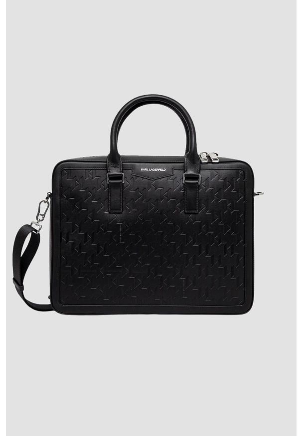 Karl Lagerfeld - KARL LAGERFELD Czarna męska aktówka skórzana z monogramem. Kolor: czarny. Materiał: skóra