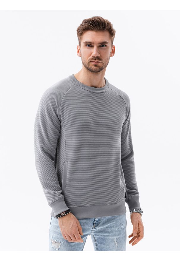 Ombre Clothing - Bluza męska bez kaptura B1156 - szara - XXL. Typ kołnierza: bez kaptura. Kolor: szary. Materiał: dresówka, bawełna, jeans, dzianina, poliester