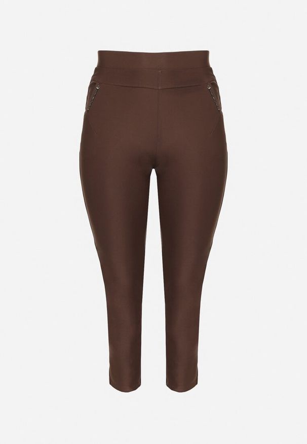 Born2be - Brązowe Spodnie z Gumką w Pasie z Cyrkoniami Slim Ellivna. Okazja: na co dzień. Kolekcja: plus size. Kolor: brązowy. Styl: klasyczny, elegancki, casual
