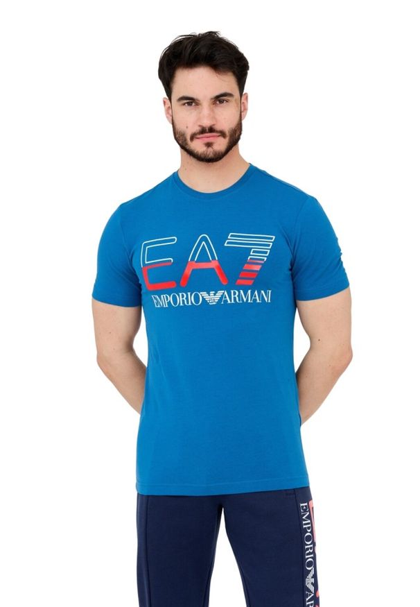 EA7 Emporio Armani - EA7 T-shirt męski niebieski z dużym logo. Kolor: niebieski