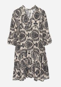 Born2be - Beżowo-Czarna Rozkloszowana Sukienka z Bawełny z Falbanami w Ornamentalny Wzór Lanoreth. Okazja: na co dzień, na spacer. Typ kołnierza: dekolt w serek. Kolor: czarny. Materiał: bawełna. Typ sukienki: rozkloszowane, proste. Styl: klasyczny, casual #3