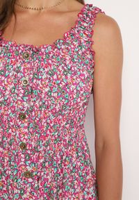 Born2be - Różowa Rozkloszowana Sukienka z Bawełny Wykończona Gumką w Talii Nelaris. Okazja: na randkę, na imprezę. Typ kołnierza: dekolt hiszpanka. Kolor: różowy. Materiał: bawełna. Długość rękawa: na ramiączkach. Styl: boho #7