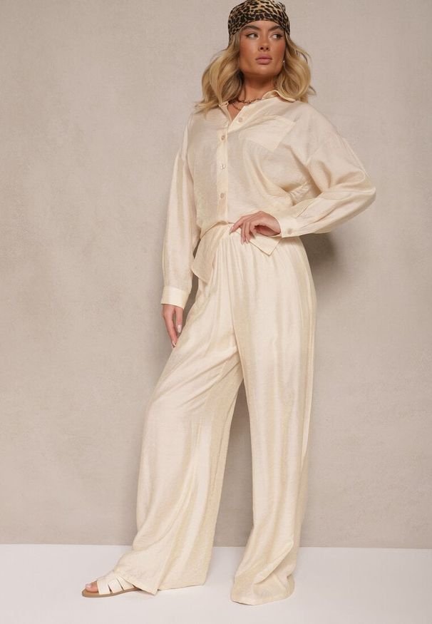 Renee - Jasnobeżowe Spodnie Palazzo High Waist z Szeroką Nogawką i Gumką w Talii Jenarielis. Okazja: na co dzień. Stan: podwyższony. Kolor: beżowy. Styl: casual