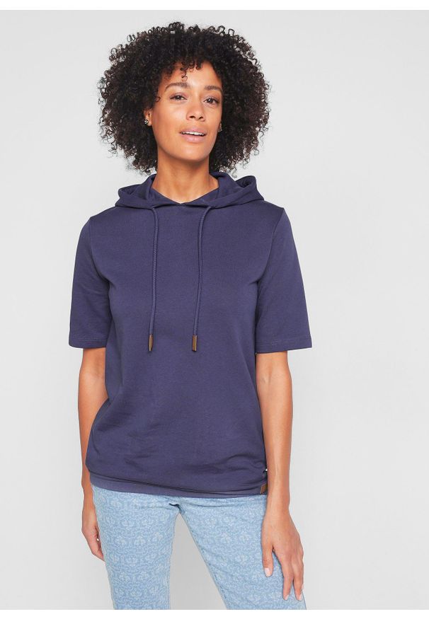 bonprix - Bluza z kapturem, z mieszanki bawełny. Typ kołnierza: kaptur. Kolor: niebieski. Materiał: bawełna. Długość rękawa: krótki rękaw. Długość: krótkie