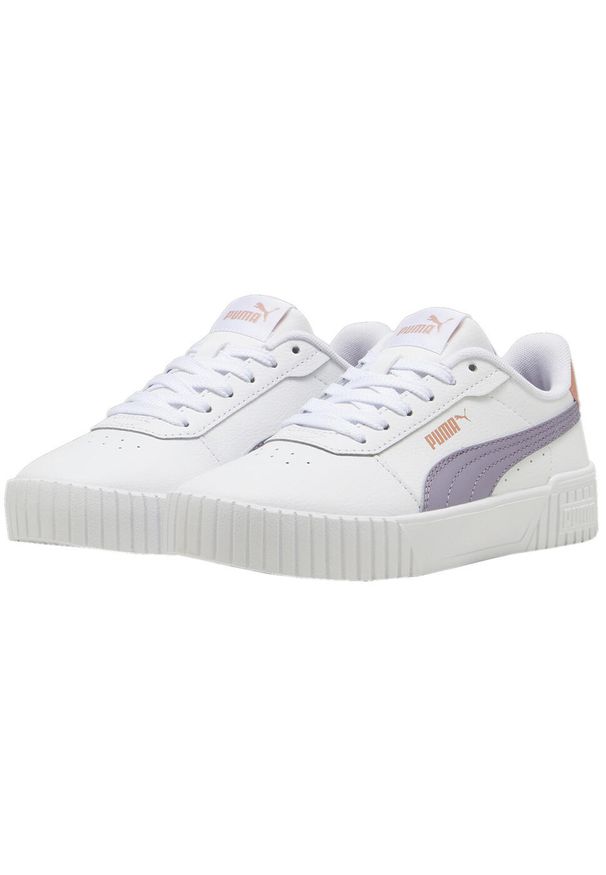 Buty dla dzieci Puma Carina 2.0 Jr. Zapięcie: sznurówki. Kolor: biały, fioletowy, wielokolorowy. Materiał: materiał, syntetyk. Szerokość cholewki: normalna. Sport: turystyka piesza