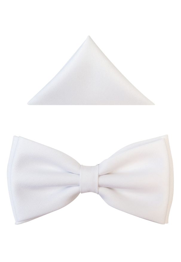 Modini - Biała szeroka mucha męska z poszetką B50. Kolor: biały. Materiał: poliester, tkanina. Styl: elegancki